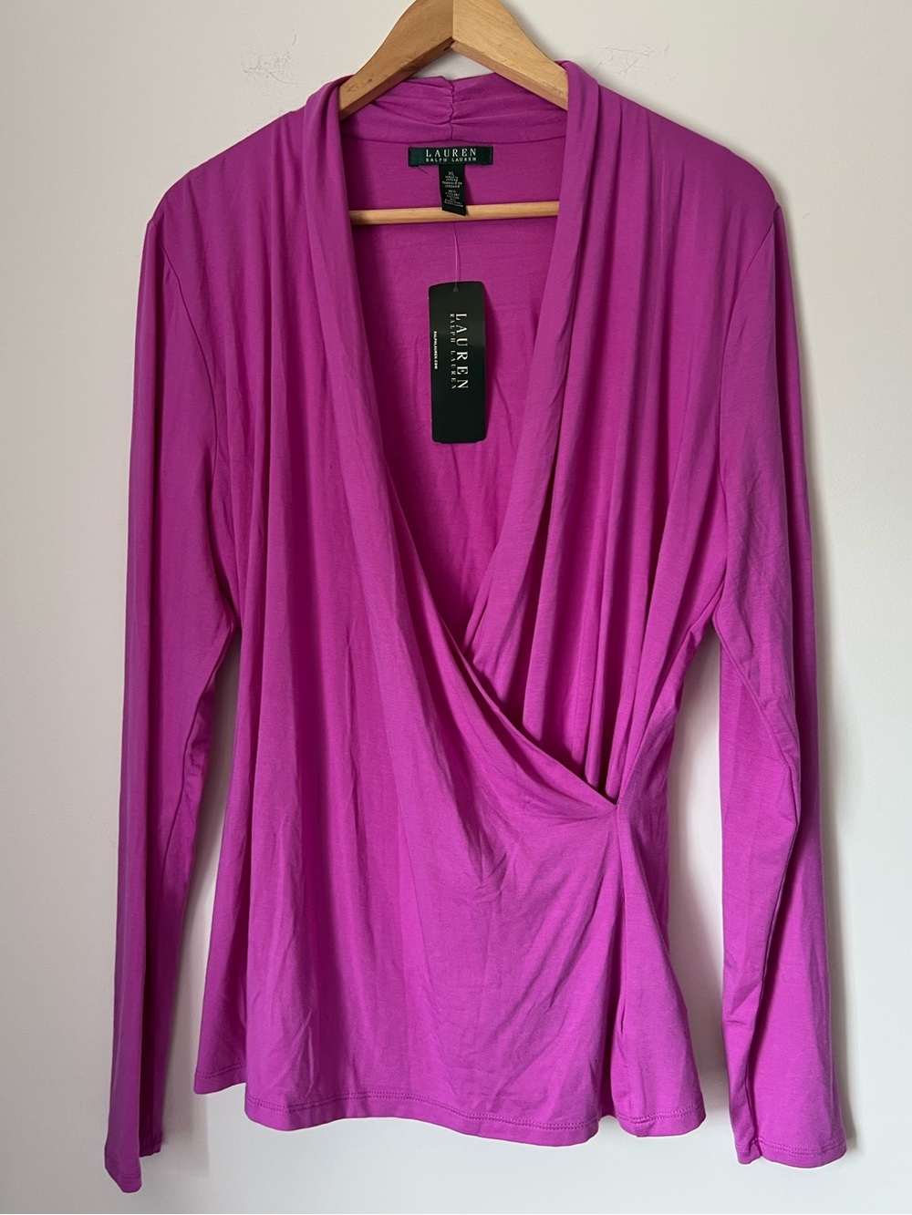 Lauren Ralph Lauren Orchid Purple Draped Faux Wrap Jersey Knit Long Sleeve Top